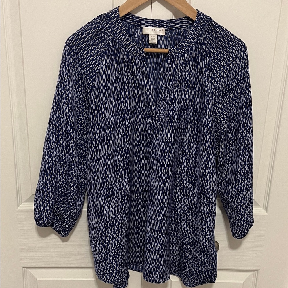 Kenar Navy and White Geometric Blouse